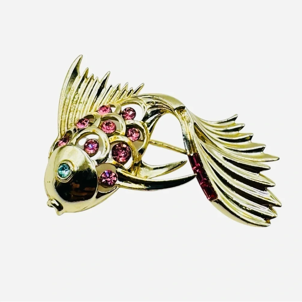 Vintage Gold Plated Sterling Silver Fish Brooch Pink Rhinestones with Stamp.
